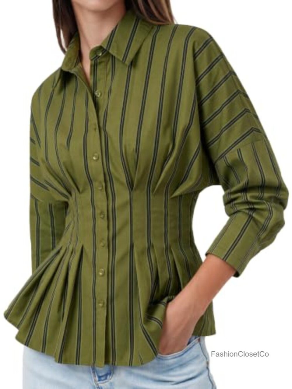 Women's Striped Button Down Shirt with Cinched Waist & Peplum Hem